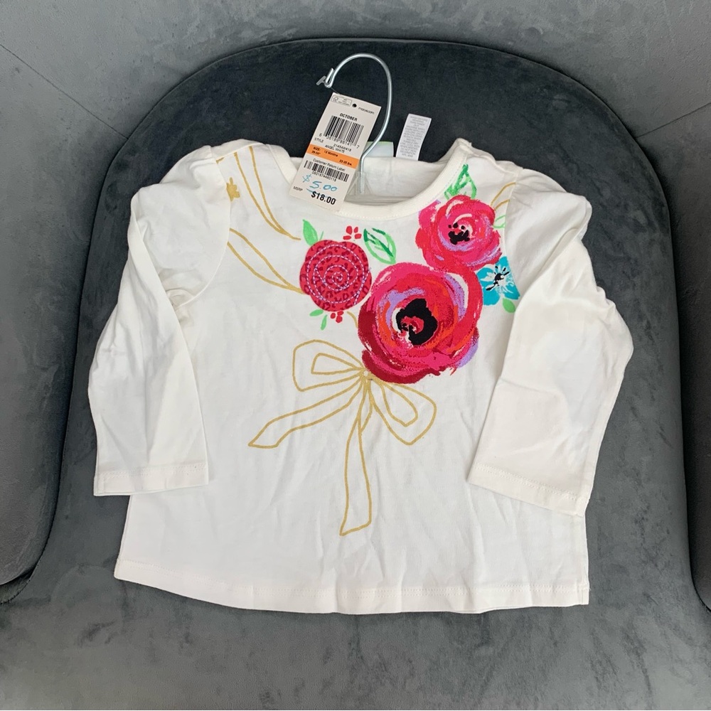 Floral Long Sleeve Kids Shirt - White with Pink and Gold Accents